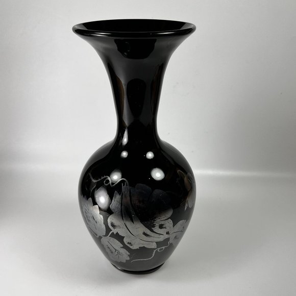 Fenton Silver Poppies On Ebony Black Burnished Silver Vase Hand Painted Signed - Picture 1 of 15